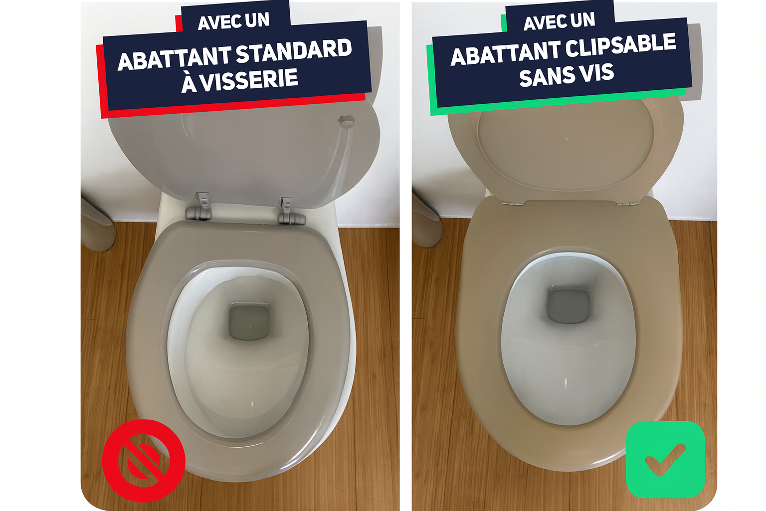 Comparaison entre un abattant WC standard à visserie et l'abattant clipsable sans vis Clipsado